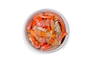 Delicious fresh stew with chicken or turkey with slices of sweet pepper and carrots