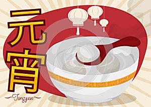 Delicious Fresh Tangyuan with Lanterns for Yuanxiao Festival, Vector Illustration