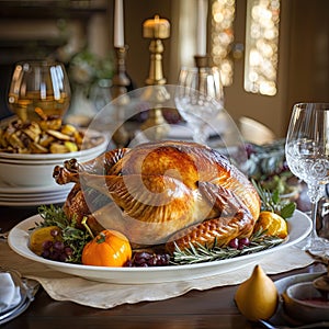 Delicious and fresh Thanksgiving turkey on the dining table