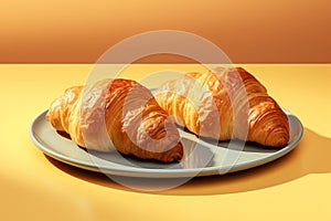 Delicious freshly baked crispy croissants on vibrant yellow-orange minimalistic background