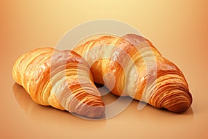 Delicious freshly baked crispy croissants on vibrant yellow-orange minimalistic background