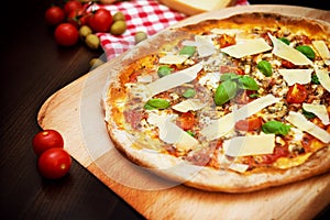 Delicious freshly baked pizza on a wooden paddle topped with tomatoes, parmesan, basil