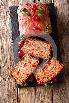 Delicious freshly baked sweet bread with maraschino cherries and