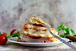 Delicious fried chebureks on a plate, small tomatoes, sprigs of Basil and hot pepper on a gray background. Fried meat pies on a pl