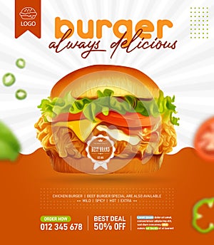 Delicious fried chicken burger ads in 3d illustration