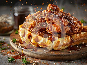 Delicious fried chicken and waffles photography, explosion flavors, studio lighting, studio background, well-lit