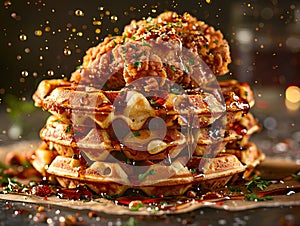Delicious fried chicken and waffles photography, explosion flavors, studio lighting, studio background, well-lit