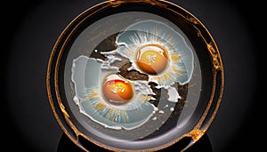 Delicious Fried Eggs on Kintsugi Inspired Porcelain Plate. Perfect Breakfast Table Setting. Generative ai illustration. photo