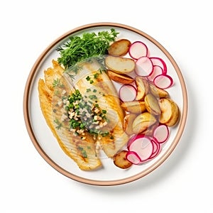 Delicious Fried Fish With Radishes And Potatoes - Streamlined Design