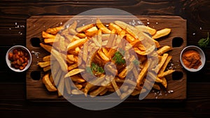 Delicious Fried French Fries On A Wooden Tray