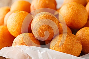 Delicious fried sweet potato and tapioca starch dessert balls close-up. Horizontal