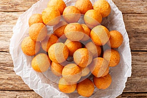 Delicious fried sweet potato and tapioca starch dessert balls close-up. Horizontal top view