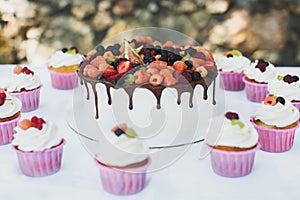 Delicious fruit cake with cupcakes for a happy birthday.