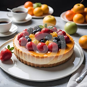 Delicious fruit flan on plate