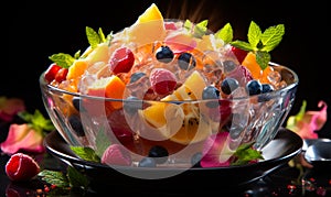 Delicious fruit salad in a clear bowl. A bowl of fruit salad on a black table