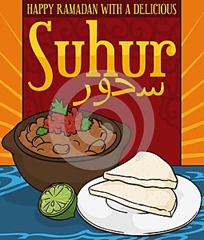 Delicious Ful Medames with Bread for Suhur Pre-fasting during Ramadan, Vector Illustration