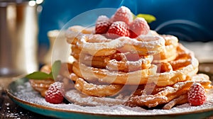 Delicious Funnel Cake with sugar glass and strawberries at the breakfast table. Generative Ai