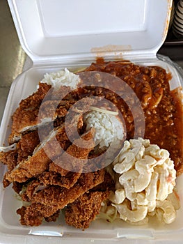 Delicious Fusion Fare: Spaghetti, Chicken Katsu, and More on a Styrofoam Plate