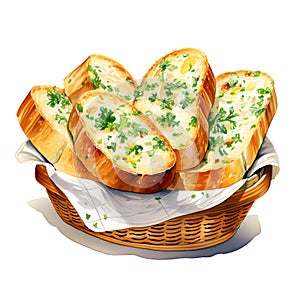 Delicious garlic bread in a wicker basket