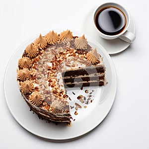 Delicious German Chocolate Cakes With Coffee, Top View, White Background photo