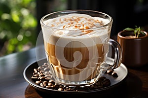 Delicious glass cups with cappuccino coffee