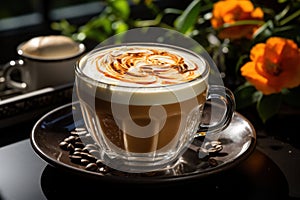 Delicious glass cups with cappuccino coffee