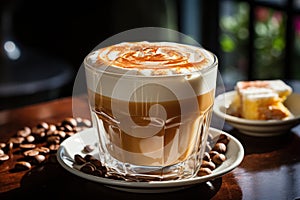 Delicious glass cups with cappuccino coffee