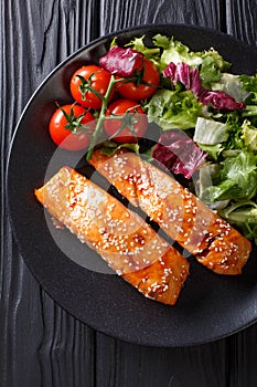 Delicious glazed salmon fillet with sesame and a salad of fresh