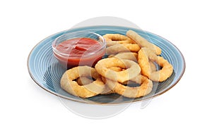 Delicious golden onion rings with ketchup isolated