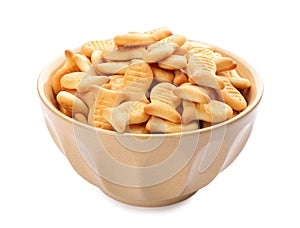 Delicious goldfish crackers in bowl isolated