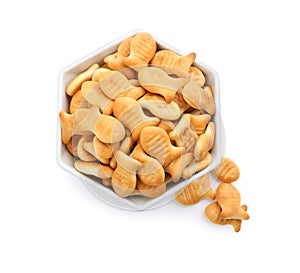 Delicious goldfish crackers in bowl isolated