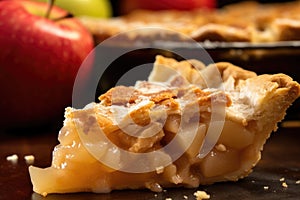 a delicious, gooey slice of apple pie with visible apple chunks