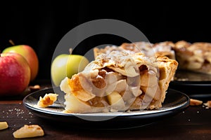 a delicious, gooey slice of apple pie with visible apple chunks