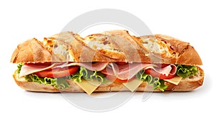 Delicious gourmet baguette sandwich with ham and cheese. Ideal for food blogs and menus. Fresh ingredients, isolated on