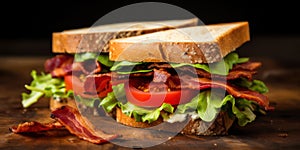 Delicious Gourmet Club Sandwich: Crispy Bacon, Juicy Ham, and Fresh Lettuce on Toasted Whole Wheat Bread, Served on a