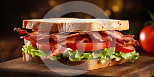 Delicious Gourmet Club Sandwich with Fresh Lettuce, Ham, and Cheese on Toasted Bread: A Tasty American Meal on a Wooden