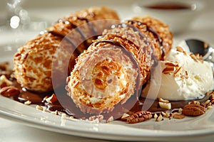 Delicious Gourmet Coconut Rolls Drizzled with Chocolate Sauce Served with Vanilla Ice Cream on Elegant White Plate