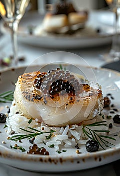 Delicious gourmet dish of seared scallops served with black caviar and rice