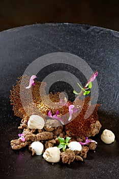 Delicious gourmet food, buckwheat mush with caramel