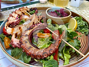 Delicious gourmet grilled octopus with salad