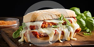 Delicious Gourmet Italian Chicken Parmesan Hoagie on a Crunchy Toasted Roll with Melted Provolone Cheese, Marinara Sauce