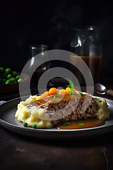 Delicious gourmet meatloaf with mince beef and smash potatoes.