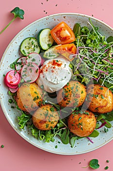 Delicious gourmet salad with cheese balls, fresh greens, and vegetables