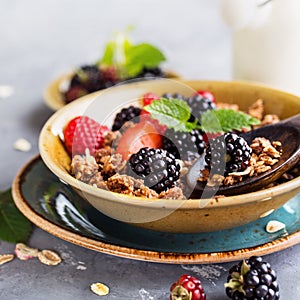 Delicious granola with blackberry, close-up