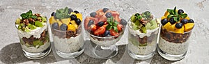 Delicious granola in glasses with fruits and berries on grey concrete surface, panoramic shot