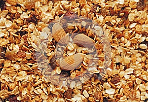 Delicious granola muesli with nuts and raising pattern, flat lay