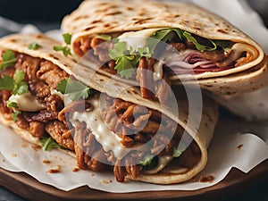 Delicious Greek gyros wrapped in pita bread. Shawarma, grilled pita. With fresh meat and vegetables.