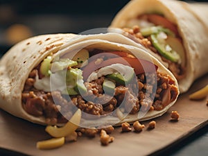 Delicious Greek gyros wrapped in pita bread. Shawarma, grilled pita. With fresh meat and vegetables.