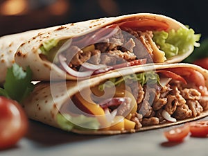 Delicious Greek gyros wrapped in pita bread. Shawarma, grilled pita. With fresh meat and vegetables.