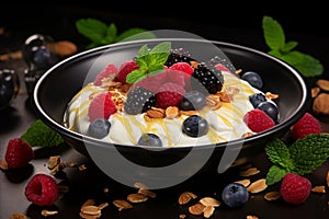 Delicious Greek Yogurt Bowl Drizzled with Honey and Sprinkled with Assorted Nuts and Fresh Berries, Ai Generated